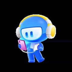 a cartoon character holding a tablet and wearing headphones