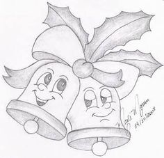 a pencil drawing of two bells with holly leaves on top and one bell is smiling at the viewer