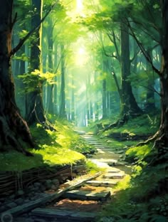 a painting of a path in the middle of a forest with sun shining through trees