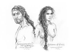 two sketches of the same man and woman, one with braids on his head