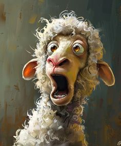 a painting of a sheep with its mouth open and eyes wide open, looking surprised