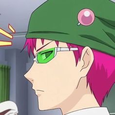 an anime character with pink hair and green glasses