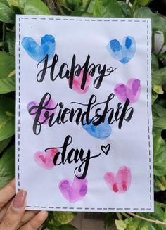 Thumb painting heart card for friendship day Frndship Day Gift, Happy Friendship Day All Friends, Happy Friendship Day Gift, Friendship Day Painting Ideas, Friendship Day Greeting Cards Diy, Happy Friendship Day Drawing, Friendship Day Gifts For Best Friend, Friendship Day Ideas Diy