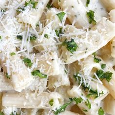 pasta with parmesan cheese and herbs in a white bowl