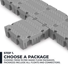 two pieces of gray plastic are shown with the words choose a package in black and white