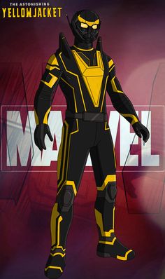 the yellowjacket character is standing in front of a red and black background with text