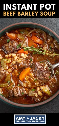 the instant pot beef barley soup is ready to be eaten