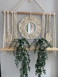 a mirror and some plants hanging on a wall