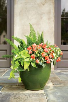 a green planter filled with lots of flowers on top of a stone floor next to two doors