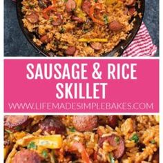 sausage and rice skillet with text overlay that reads sausage and rice skillet