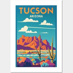 a poster with the words tuscon arizona in orange, blue and purple colors