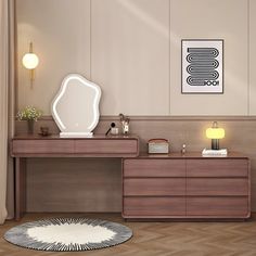 a bathroom with a vanity, mirror and rug on the floor in front of it