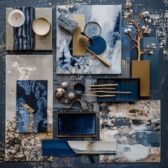 an assortment of blue and gold art work