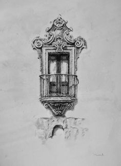 a black and white drawing of a window on the side of a building with balcony railings