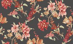 a floral wallpaper with red flowers and green leaves on a dark background, suitable to be used as a backdrop