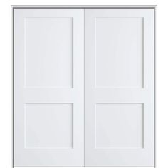 the doors are white and have two panels on each side, with one panel open