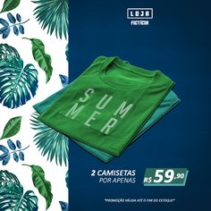 a green t - shirt with the words summer on it next to some tropical leaves