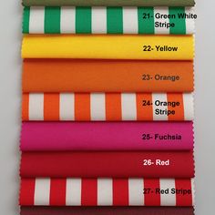 the color chart for different fabrics in various colors and sizes, including red, green, yellow, orange, and white