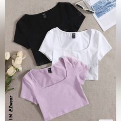 Three Pack Crop Top Combo. Three Pack Short Sleeve Crop Tops - Black, White, And Light Purple. Basic Outfits Summer, Fashion Top Outfits, Crop Top Outfits, Simple Trendy Outfits, Women T Shirts, Cute Simple Outfits, Really Cute Outfits, Basic Outfits, Cute Casual Outfits