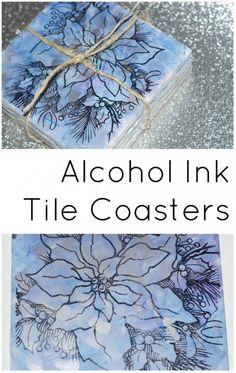 alcohol ink tile coasters with text overlay that says alcohol ink tile coasters