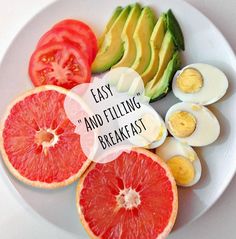 an egg, avocado, and grapefruit on a plate with the words easy and filling breakfast