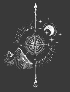 a drawing of a compass with mountains in the background and stars around it on a dark gray background