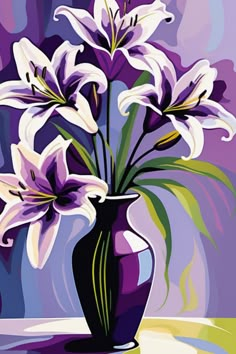 a painting of purple and white flowers in a vase