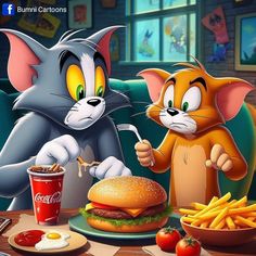 two cartoon cats eating food at a table with french fries and ketchup in front of them