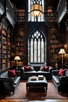 Gothic revival style home library with a dark academia feel. Romantic Library Aesthetic, Library With Reading Nook, Home Library Dark Academia, Cozy Library Room Ideas Reading Areas, New Orleans Library, Harry Potter Library Aesthetic, Silo Library, Victorian Library Room, Dark Green Library