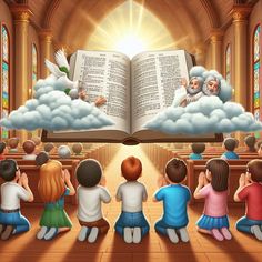 children are sitting in front of an open book with the image of jesus on it