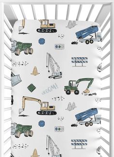 a crib sheet with construction vehicles and trucks on it