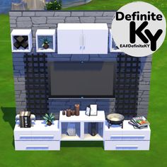 Functional in gameplay. Download from Patreon or EA gallery #DefiniteKY Sims 4 Cc Tv Patreon, Sims4 Living Room, Sims Interior, Sims Design, Sims Inspiration, Sims Builds, Bloxburg Ideas