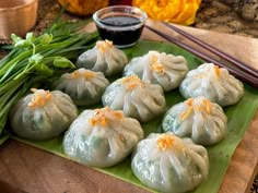 some dumplings are sitting on a green plate