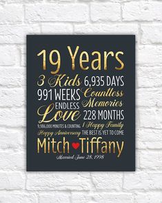 a black and gold poster on a brick wall with the words'19 years '