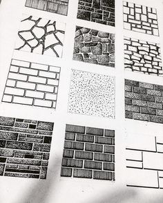 a bunch of different types of bricks are shown in black and white, as well as one is drawn on paper