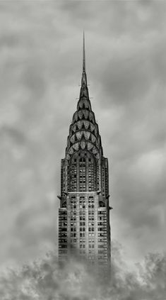 black and white photograph of the chrysler building in new york city, ny on a cloudy day