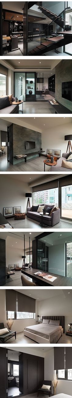 four different views of the same room in an office building with multiple windows and furniture