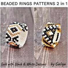 beaded rings patterns 2 in 1 gold with black and white designs