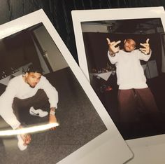 two polaroid photos of a man doing the same thing with his hands and fingers