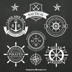 nautical badges and emblems drawn in chalk on a blackboard