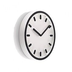 a white clock with black numbers on the face and hands is shown in front of a white background