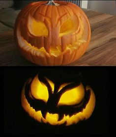 two pumpkins that have been carved to look like jack - o'- lanterns