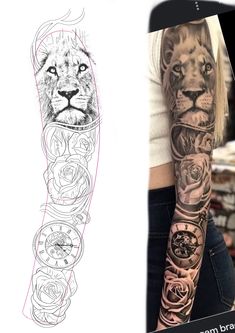 the arm tattoo is designed to look like a lion's head and has many different designs on it