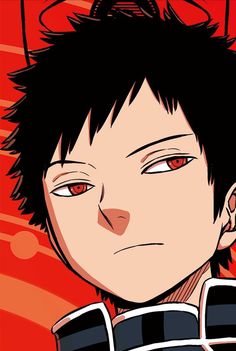 an anime character with black hair and red eyes looking at the camera while he is staring