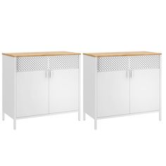 two white cabinets with wooden top and metal legs, one is closed to the side