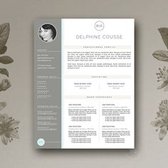 a clean and modern resume template with flowers on the side, in grey tones for graphic purposes