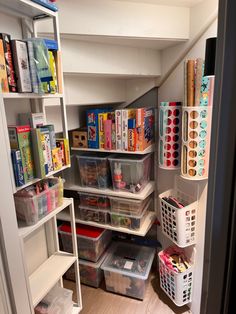 an organized pantry with plastic bins and shelves filled with toys, books, and other items