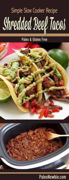 shredded beef tacos with guacamole and salsa