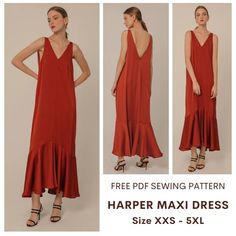 three different views of a woman in a red dress with the text, free sewing pattern harper