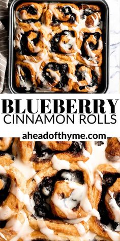 blueberry cinnamon rolls with icing on top and in a baking pan next to each other